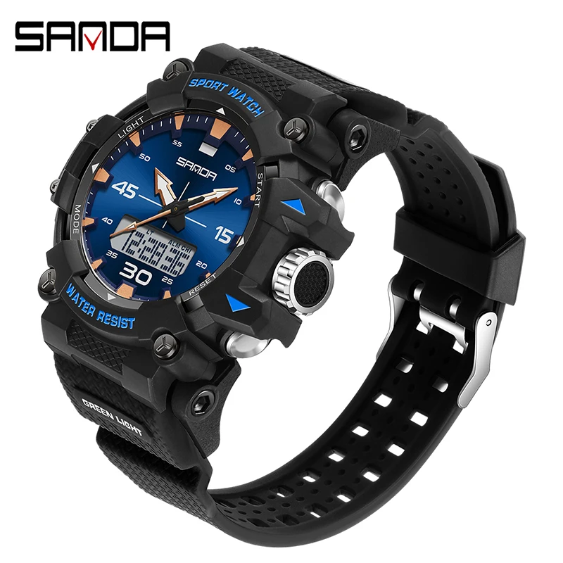 SANDA SD6291 ساعة كوارتز إلكترونية رياضية للرجال مقاومة للصدمات ومقاومة للماء وتقويم مضيء وساعات رقمية كاجوال للرجال