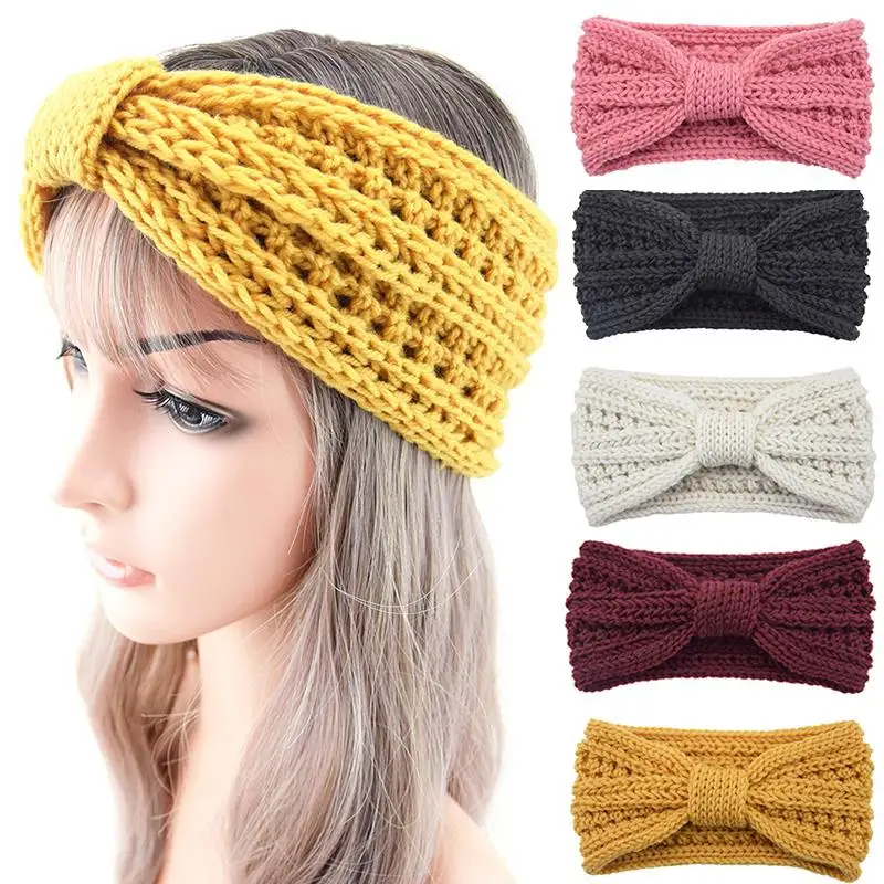 

Wool Knitting Turban Headband Handmade Hair Accessories Wheat Ear Bowknot Knitted Headbands Crochet Solid Color Head Cover