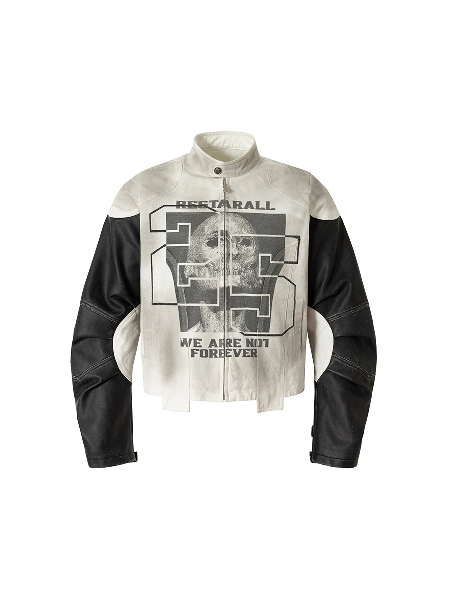 

Куртка из искусственной кожи с принтом американского черепа, с эффектом потертости и пэчворком, мотоциклетная, для мужчин и женщин, повседневная зимняя куртка