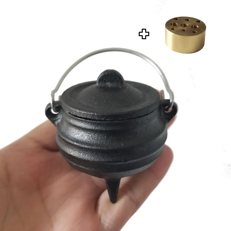 Mini Cast Iron Witch Cauldron Wicca Cauldron Pot For Halloween with Copper Incense Holder