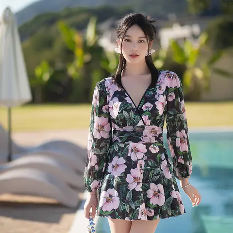 여성용 원피스 수영복, 긴 소매 수영복, 플라워 프린트 V넥 스커트, 수영복 플러스 사이즈, 비치웨어 래시가드