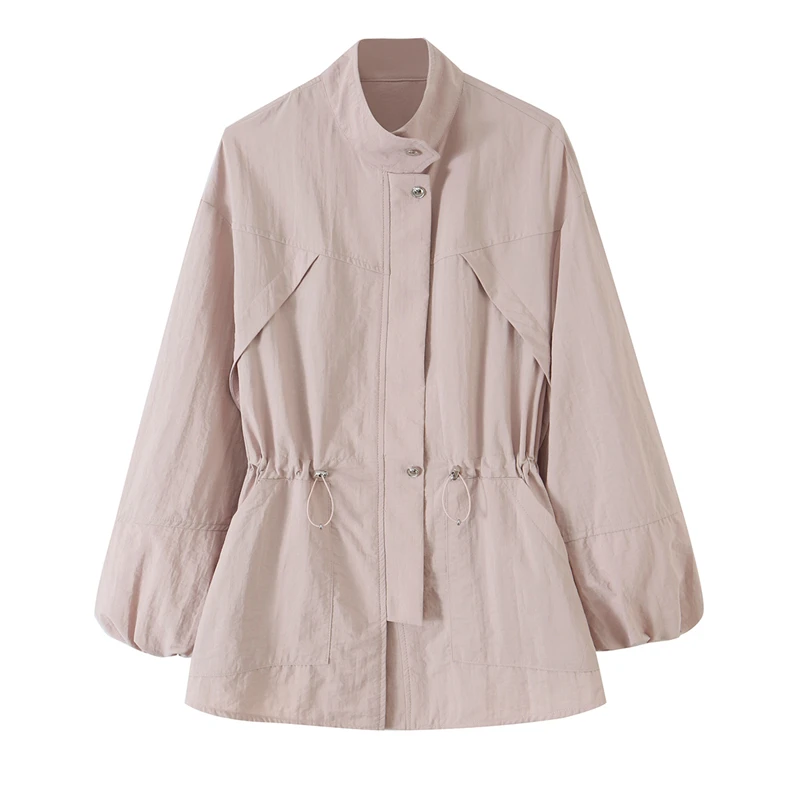 Ladies Light Pink Utility Coat Stand Collar Drawstring Waist Lantern Sleeve Jacket For Office Dating Casual Street Weekend Wear