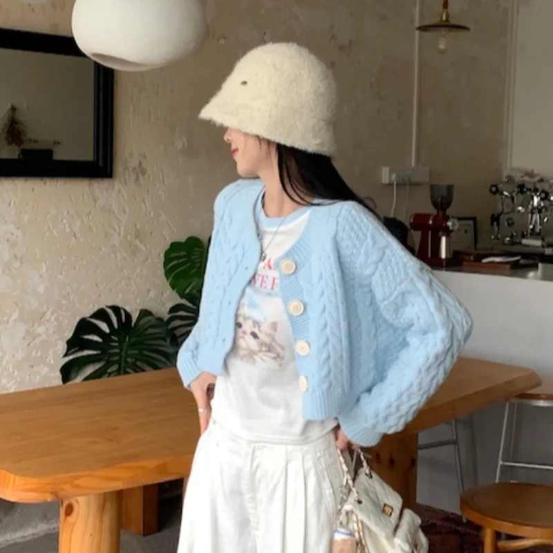 الأزرق محبوك سترة سترة المرأة فضفاضة ضئيلة ort Sve طويلة Sve أعلى الخريف الشتاء جديد Sle ملابس خارجية الحلو Sle