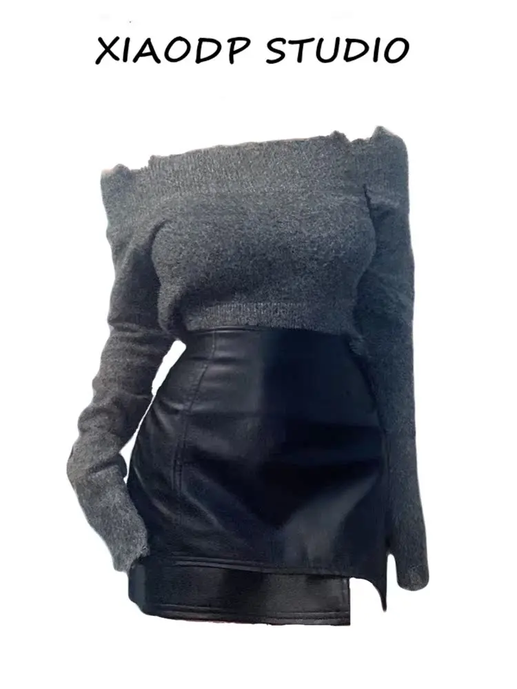 

Sexy Black PU Leather Skirt Women's plus Size American Style Spring High Waist A-Line Short Skirt for Young Adults