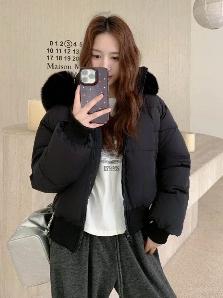 두꺼운 여성용 겨울 2025 재킷 한국 스타일 다운 코튼 코트 캐주얼 따뜻한 퍼 후드 크롭 파카 시크 스트리트웨어 ﻿