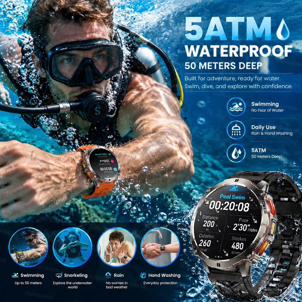 2026New T-RX6 GPS Offline Map SmartWatch 1500mah Battery 100+sports modes HD Call 5ATM Waterproof LED Flashlight Sport Watch Men