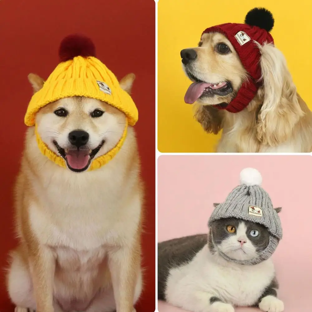 Headband Hewan Peliharaan Musim Dingin Rajutan Tangan dengan Pompon, Topi Hewan Peliharaan untuk Anjing Kecil dan Kucing, Pakaian Hangat Musim Dingin, Aksesori Properti Fotografi untuk Cuaca