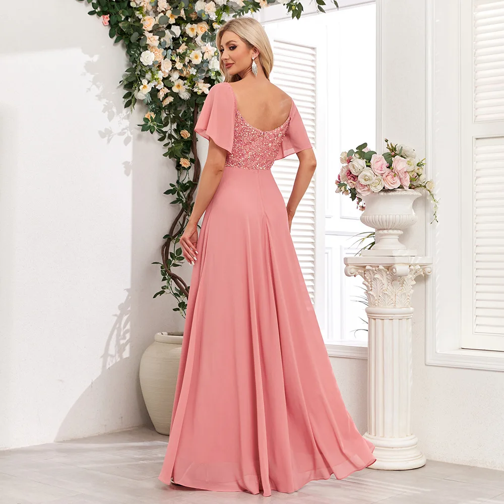 ICCLEK Chiffon Patchwork Ruffle Sleeves Sequined Dress In Pink Evening Dress For Valentines Day Bridesmaid Long Dress Ball Gown