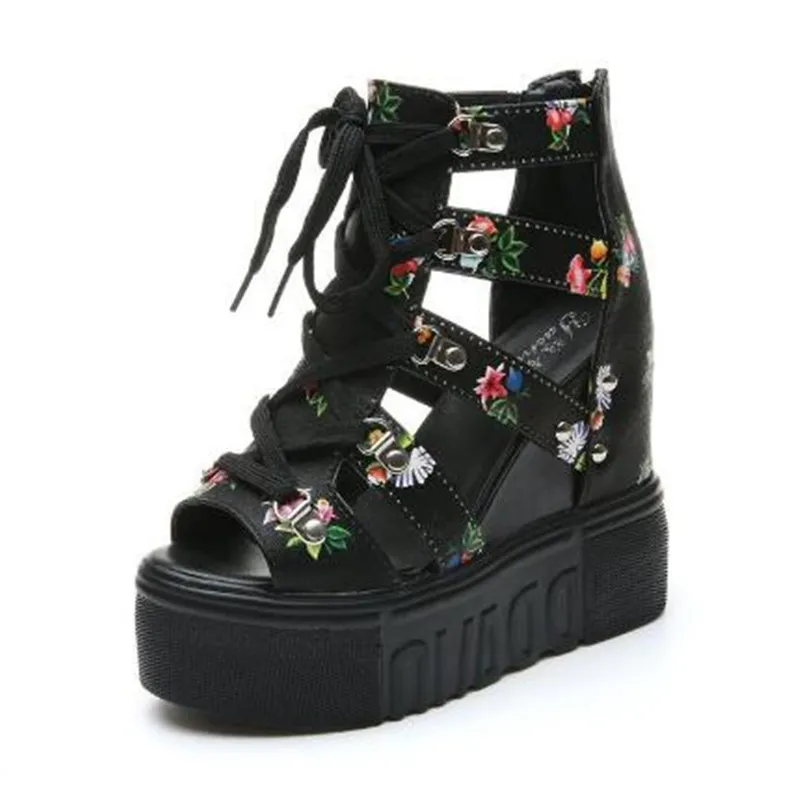 Hot Print Leisure Wedges Women Shoes NEW Summer Women Peep Toe Sandals Platform Shoelaces High Heels Casual Shoes Woman Sandals