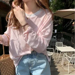 Women T-shirts Sun-protection Striped Soft Tees College Sweet Preppy Style Summer Chic Hot Sale O-neck Leisure Cofmortable Retro