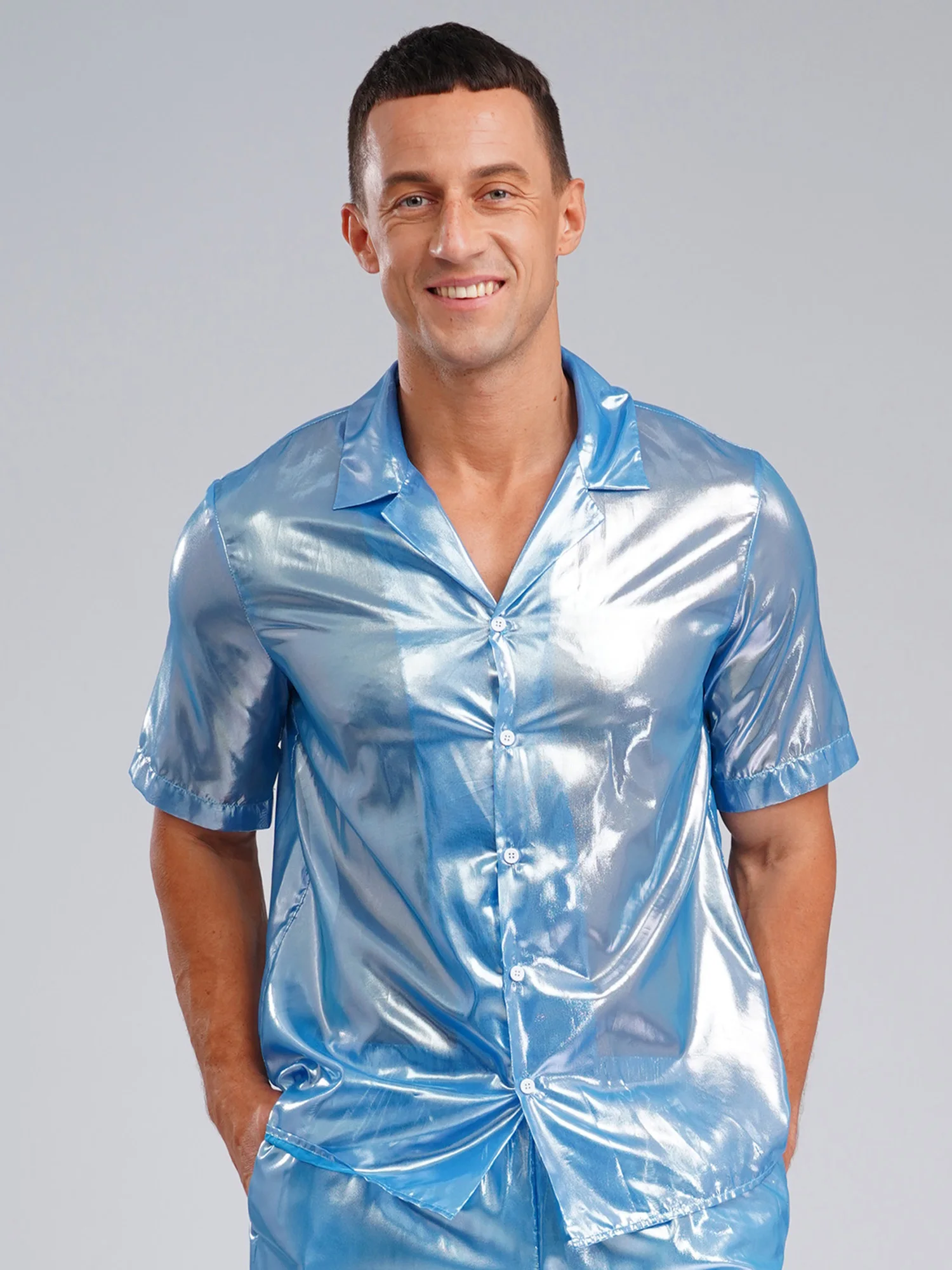 

Mens Hip Hop Jazz Dance Shirt Blouses Shiny Short Sleeve Shirts Button Down Shirts Disco Party Clubwear Beachwear Summer Tops