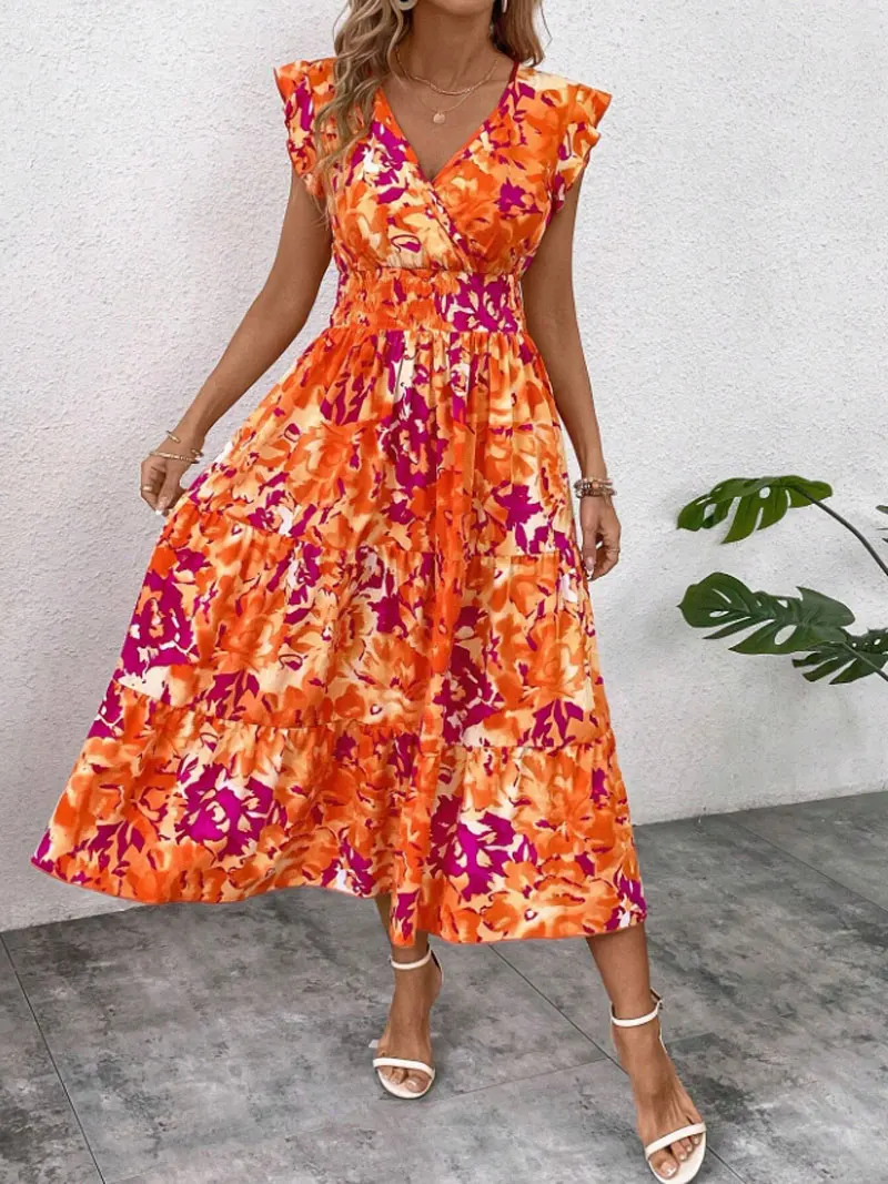 2025 verão novo vestido de ombro sem mangas feminino estilo boêmio cintura elástica plissado camadas torcidas