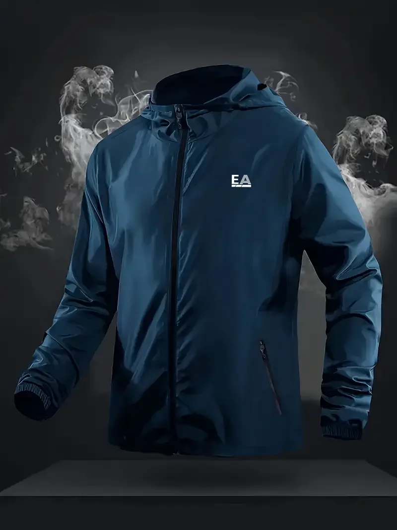 New Mens EA Logo Hooded Windbreaker Jacket Waterproof Lightweight Breathable Casual Outdoor Sports Hiking Daily Wear Coat
