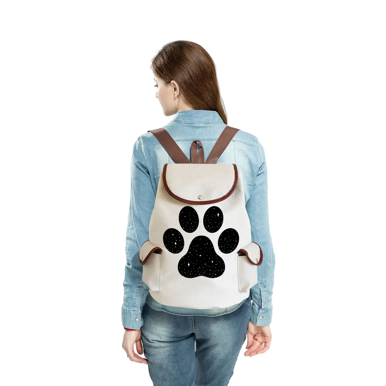 Mochilas de linho para estudantes, Cartoon Dog Paw Print Sacos de cordão de alta capacidade Mochila Casual Portátil Impresso Pug Bonito