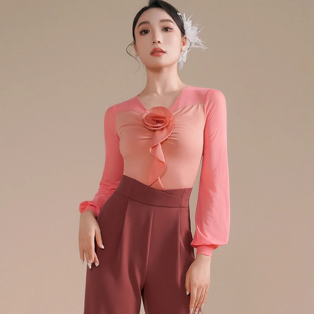 

Tops Dancing Black Line Dance Women's Top Grapefruit Powder New Long Sleeve Latin Dance Jumpsuit Three-Dimensional Flower