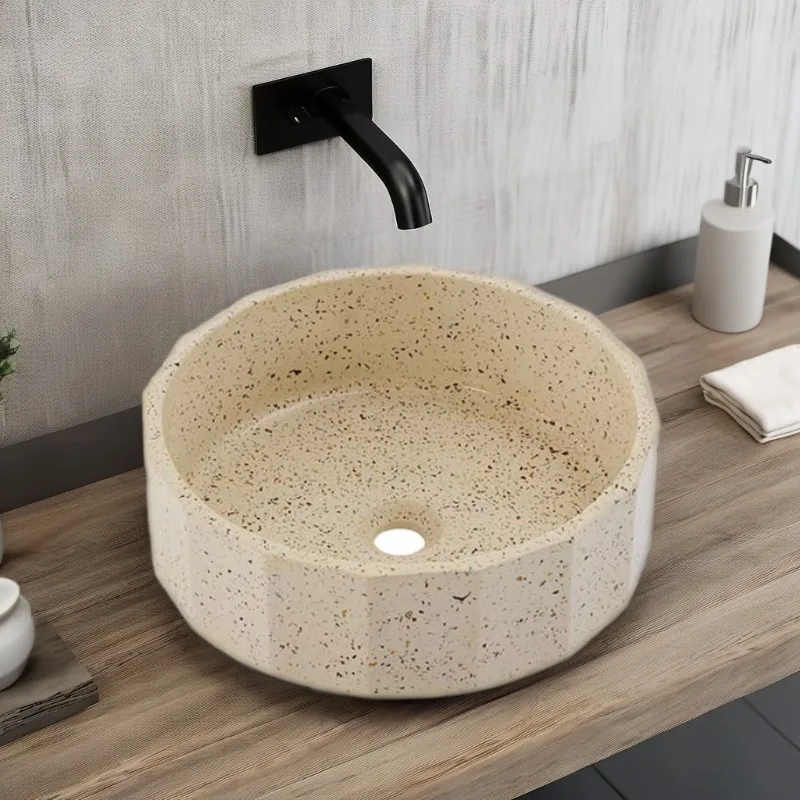 Handcrafted Modern Round Stone Sink Basin Easy Installation Concrete Bathroom Countertops