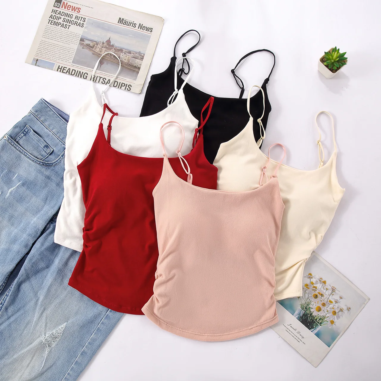 Women Crop Tops New Summer Simple Sling Camisoles Underwear Padded Bra Vest Fashion Sexy Pleated Slim Spaghetti Strap Tank Top