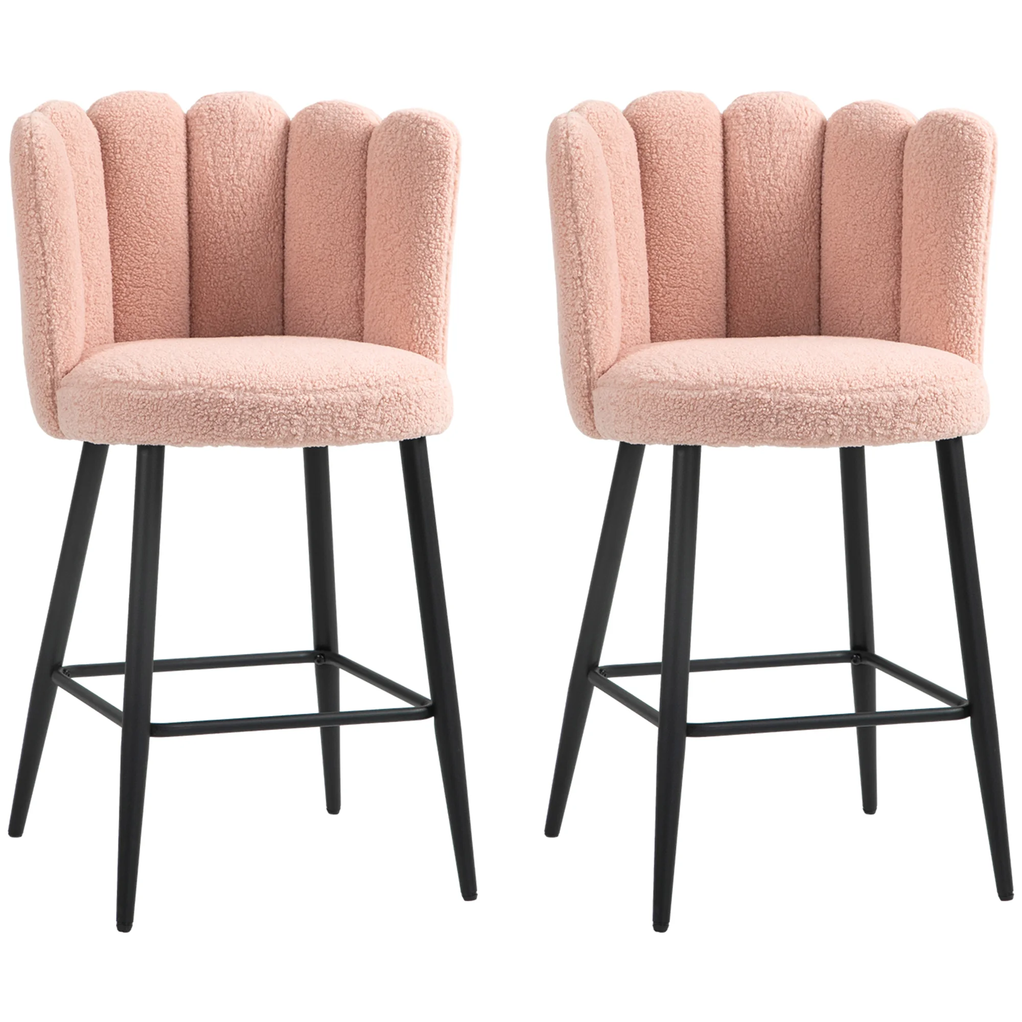 HOMCOM Lot de 2 tabourets de bar en tissu effet laine bouclée, assise rembourré 65 cm, chaises de bar avec dossier floral et rep