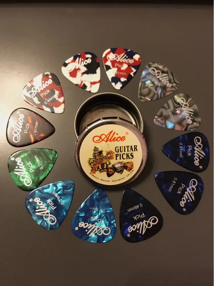 12PCS Alice Guitar Picks and 1 Metal Tin Box Accessories Acoustic Electric Guitar Picks 0.46 0.71 0.81mm