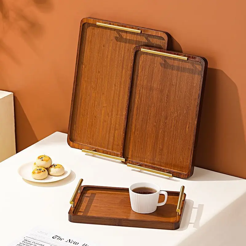 CANBOUNWooden Rectangular Wooden Tray With Golden Metal Handle For Water Cup Fruit Food Bread Sundries Serving Tray Household Or