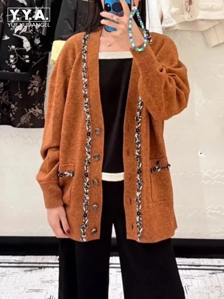 

Casual Women New Autumn Sweater Loose Fit Long Sleeve V Neck Knitted Cardigan Jacket Sequined Fashion Single Breasted Knitwear