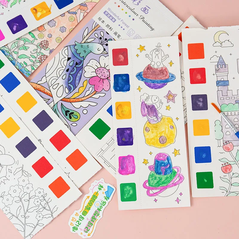 Livre de coloriage d'interconnexion solide pour enfants, ensemble de peinture, pigment de document à l'eau, pinceau de peinture, fournitures de signet bricolage, jouets Piazza pour enfants, 12 feuilles