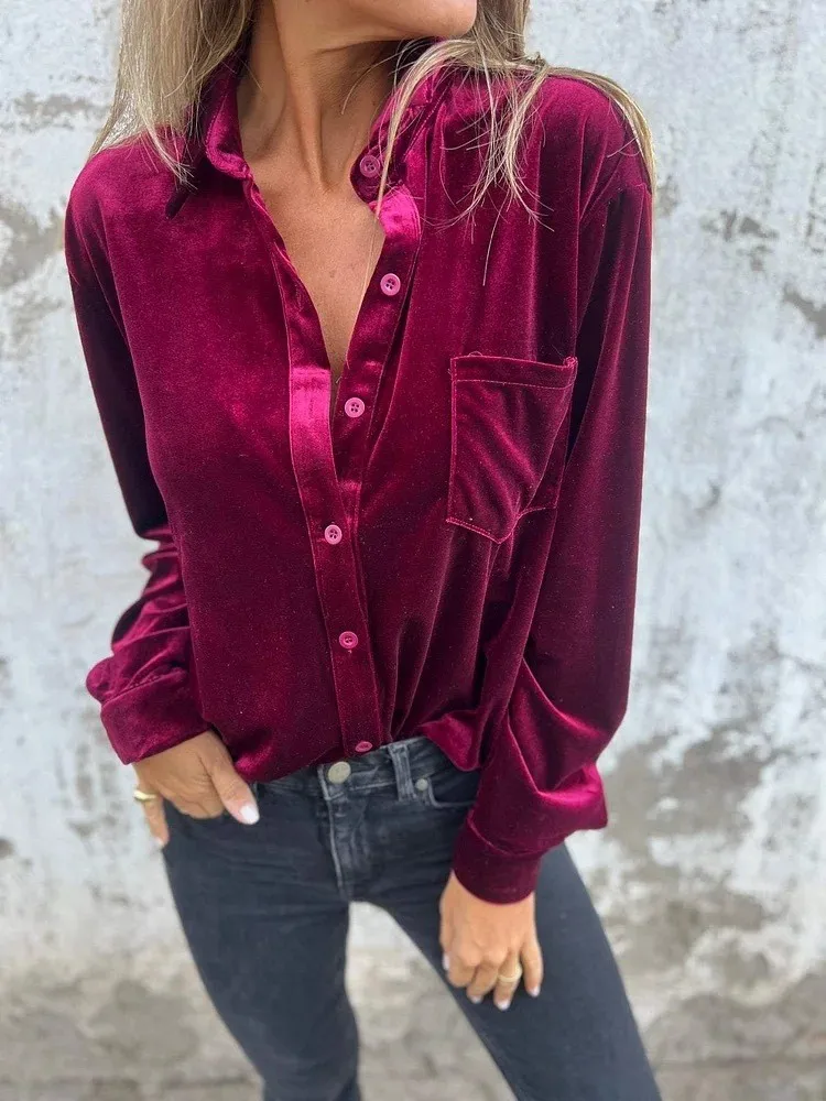 Autumn Winter Gold Velvet Pocket Shirt For Women 2024 Lapel Long Sleeve Button Blouse Top Fashion Loose Solid Color Top Female