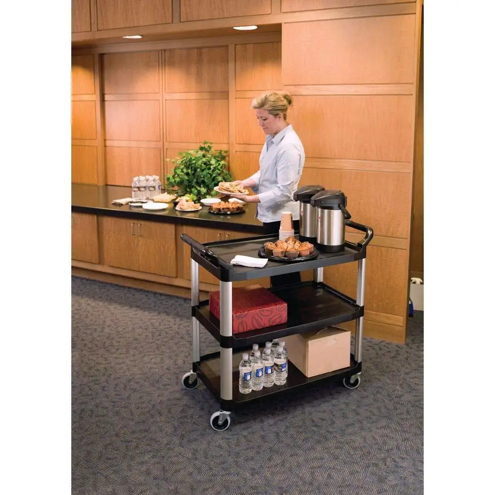 Rubbermaid Commercial Products Heavy Duty 3-Shelf Rolling Service/Utility/Push Cart, 300 lbs. Capacity, Black, for Foodservice