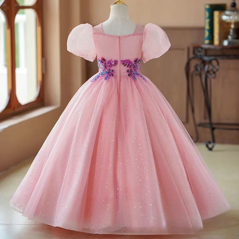 High-end Puff Sleeve Appliques Sequined Pink Dress for Girl Flower Girls Princess Wedding Christmas Party Tweens Long Dress