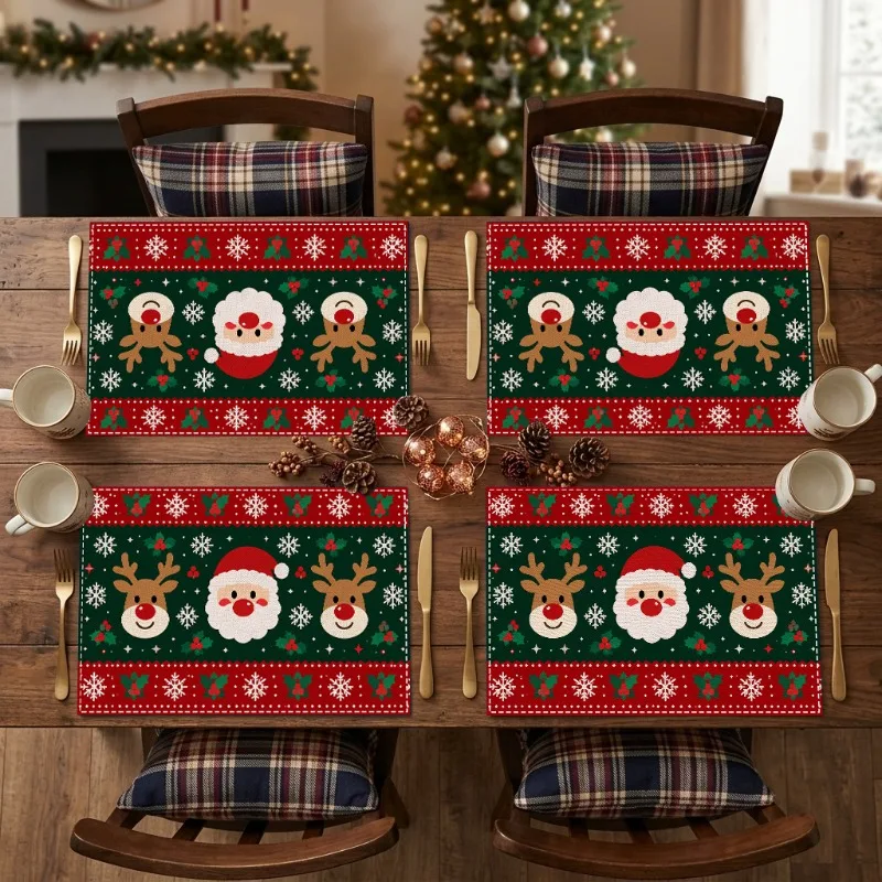 VIKAMA Christmas Placemats Set of 4 Santa Reindeer Snowflake Square Mats, Non Slip Washable Heat Resistant Winter Decor