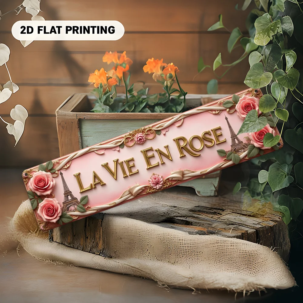 French Paris-Themed Large Vintage French Lettering Metal Wall Sign - Eiffel Tower & Roses Golden Lettering, French Phrase 