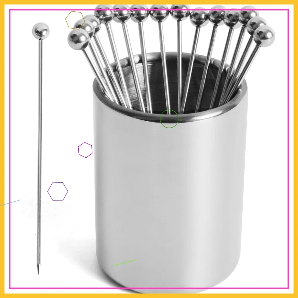 15-Pack Metal Cocktail Picks with Holder, 304 Stainless Steel Reusable Skewers for Olives, Fruit & Appetizers