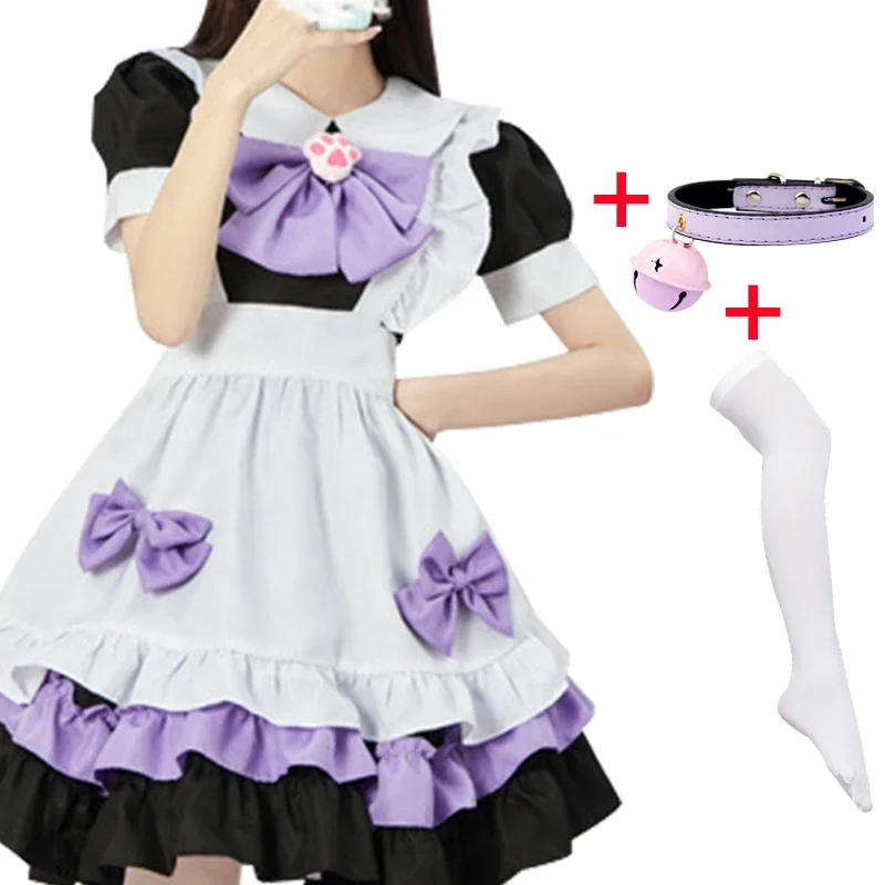 Vestido Lolita de sirvienta de Anime para mujer, disfraz de Cosplay, vestido Loli, Collar de campana de lazo de mucama de garra de gato, medias blancas, púrpura, Rosa