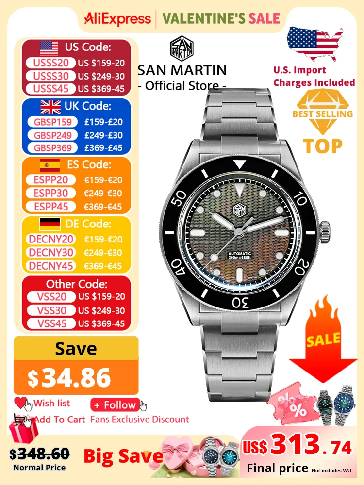 

San Martin Official 39mm Guilloche MOP Dial Miyota 90S5 Sport Watch Automatic Mechanical Sapphire Bezel 20 ATM Luminous SN0151