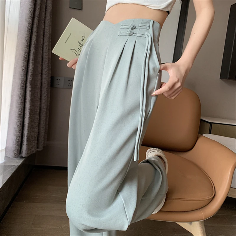 2024 New Linen High Waist Suit Wide Leg Women\'s Full Pants Spring Summer Female Elegant Minimalism Straight Loose Trousers