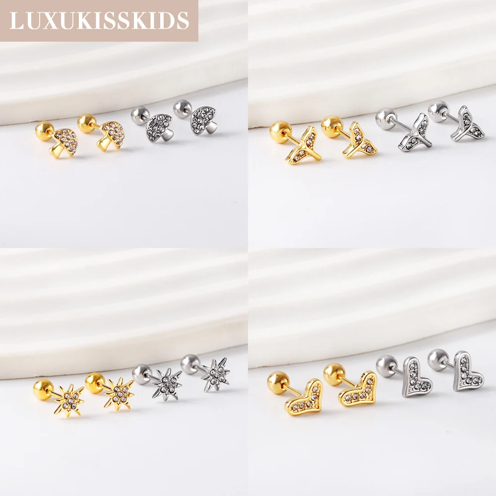 LUXUKISSKIDS 12Pairs/Lot Tiny Heart Star Stud Earrings Cute Mushroom Tail Exquisite Women\'s Jewelry On Ears Bulksale Accessories