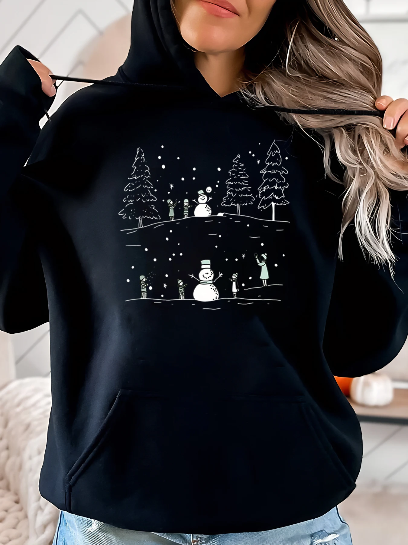 

Christmas Tree Snowman Winter Scene Print Holiday Hoodie Women Casual Wear Outdoors Black Plus-Size