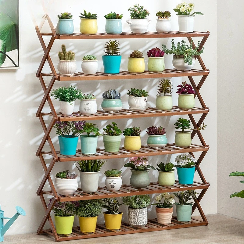 

Balcony Flower Stand Flower Pot Plant Stand Balcony Movable Wooden Floor Folding Flower Stand