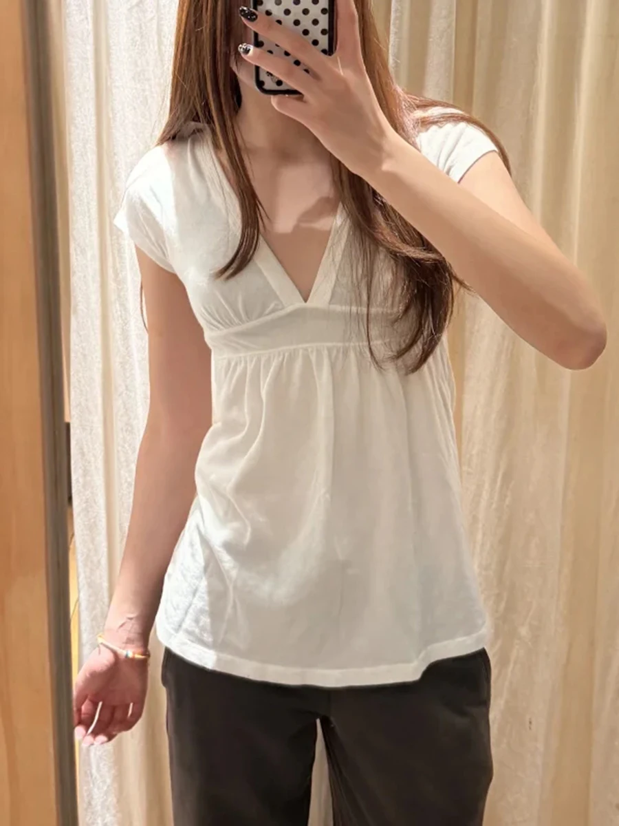 Simple White Cotton Long T-shirts Woman Summer Sexy Deep V-neck Short Sleeve Tees Solid Sweet All-match High Waist Tshirts New