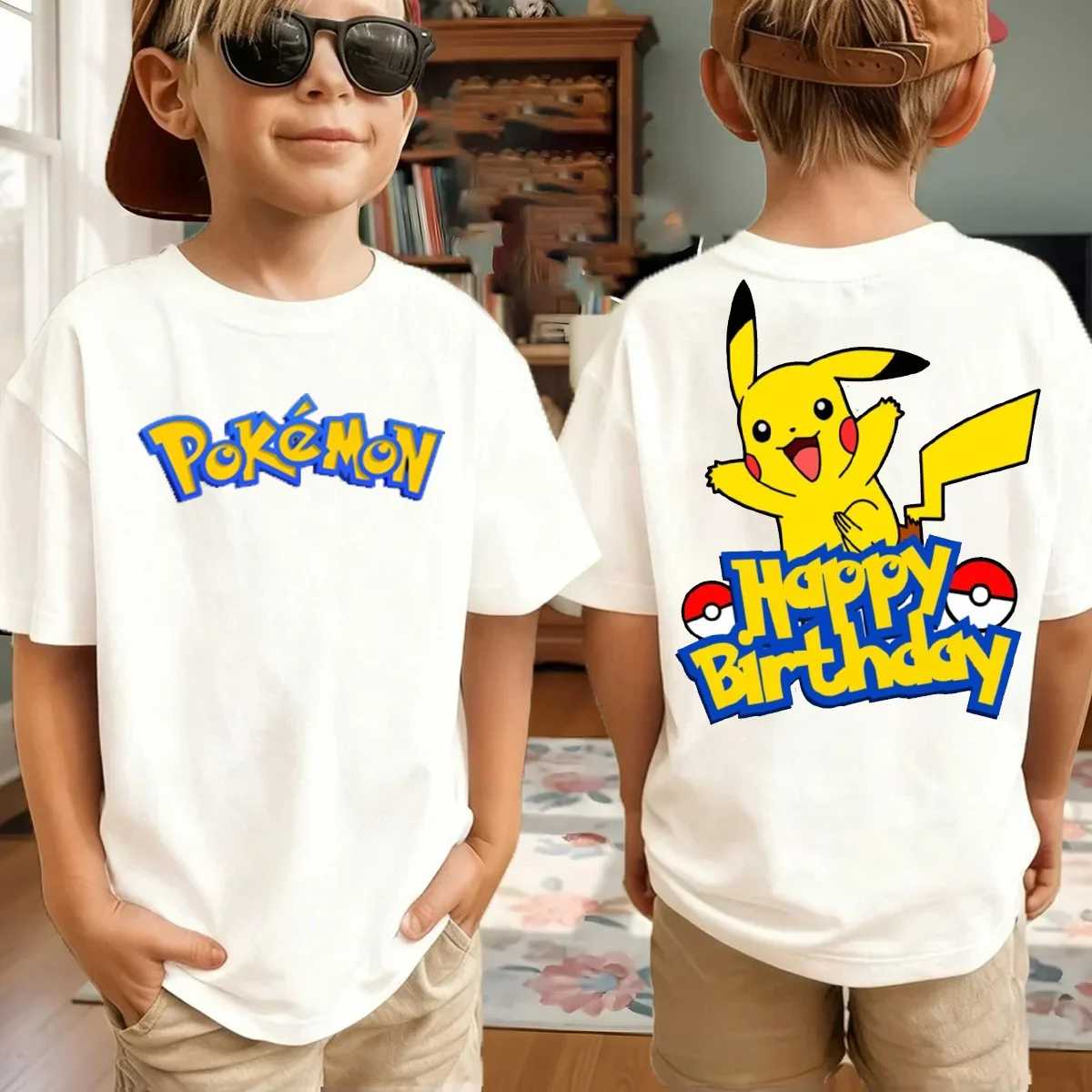 Kurzarm-Oberteil aus reiner Baumwolle, Sommer-Pokémon-Anime-T-Shirts für Jungen, lässig, geeignet für Jungen und Mädchen, Eltern-Kind-Outfits. – Detail 4