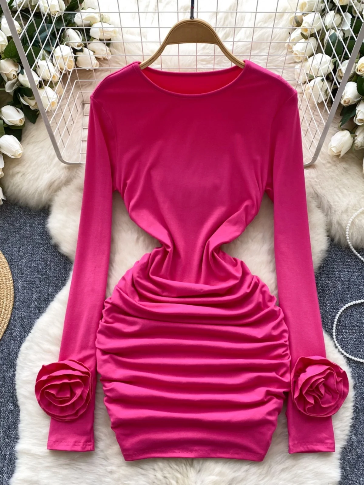 Pure Desirable Sexy Bodycon Dr Women's Autumn New Sle 3D Flower Long Sve Slim Fit Base ort Skirt Korean Sle High ...