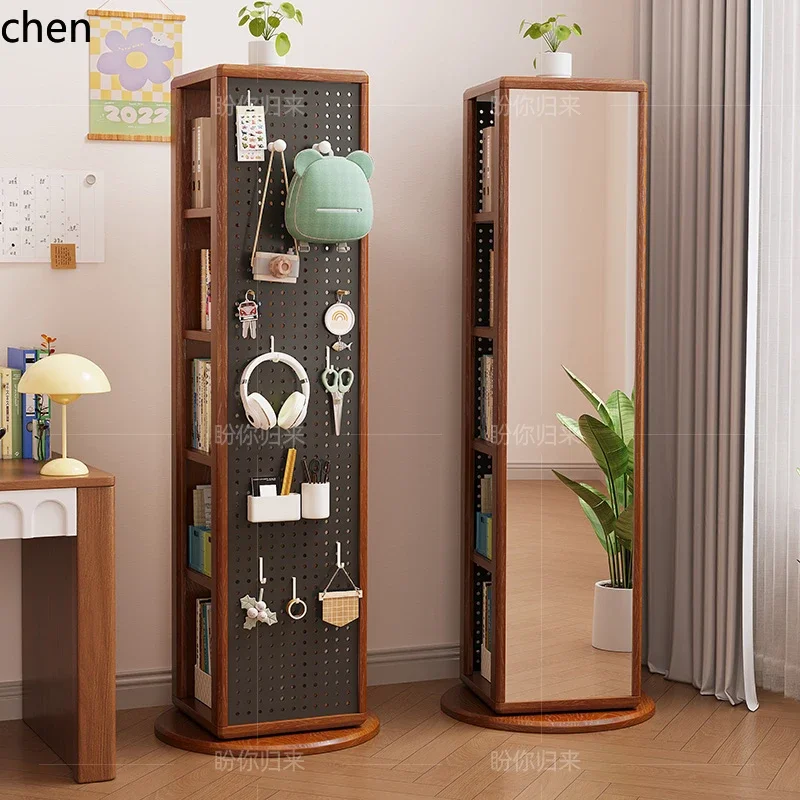 YFY solid wood rotating bookshelf full-length mirror integrated multi-functional multi-layer shelf with hole board
