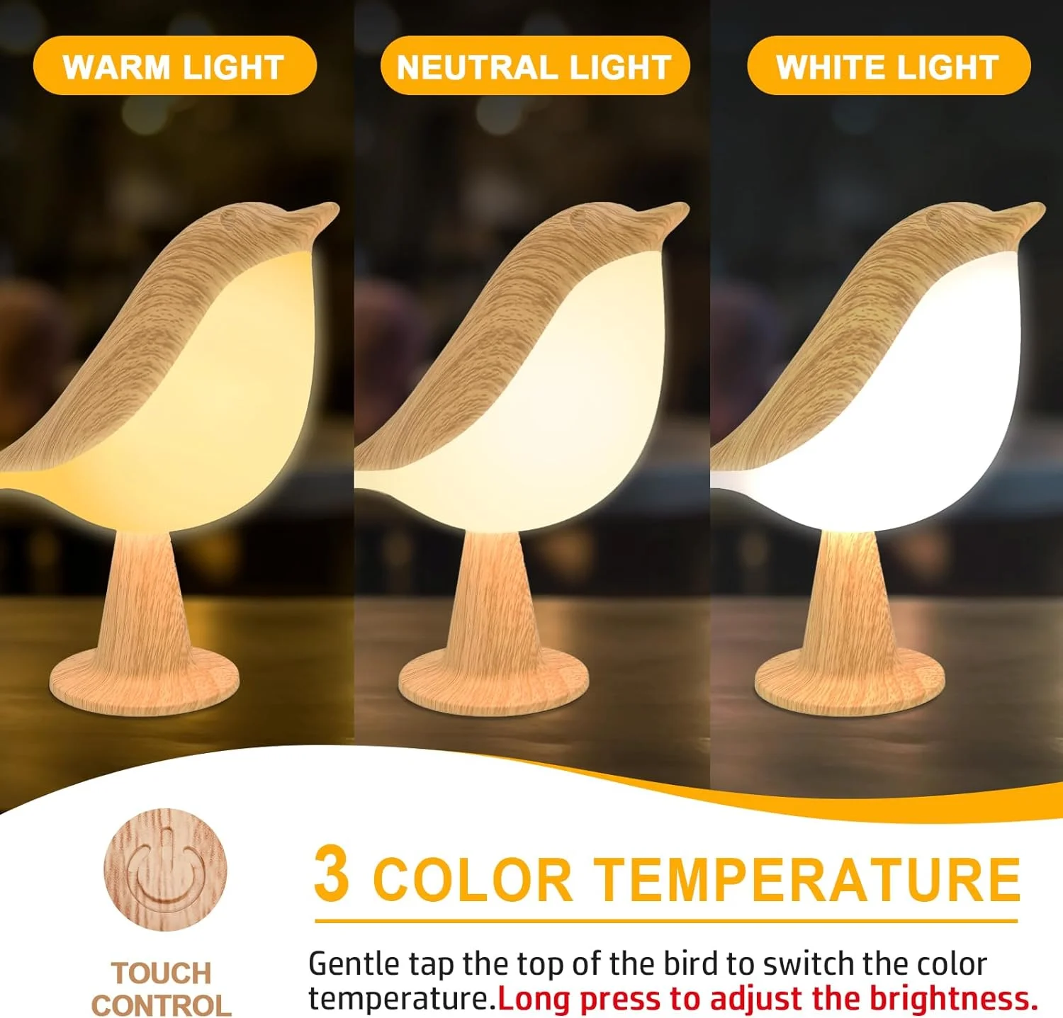 Simple Small Desk Bird Lamp Rechargeable Battery Night Light with 3 Color Temperature Dimmer and Touch Sensor for Bedroom Bedsid