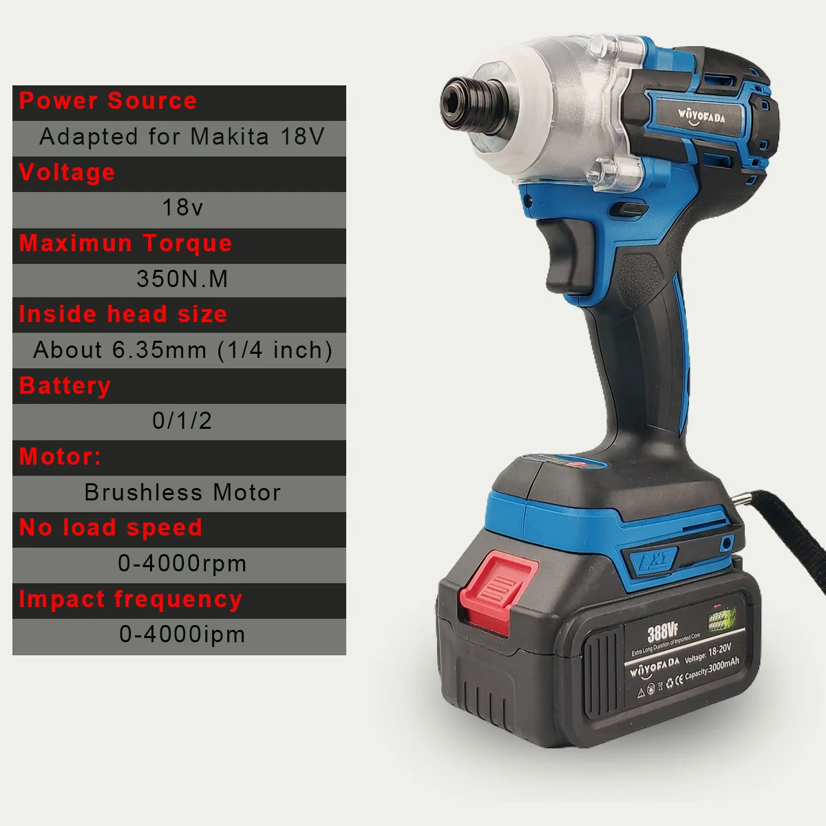 WOYOFADA 18V Cordless Electric Screwdriver Speed Brushless Impact Wrench Rechargable Drill Driver LED Light For Makita Battery