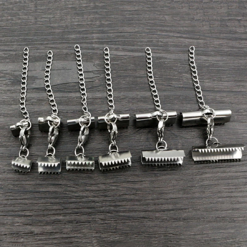 10pcs Stainless Steel Ribbon Leather Cord End Fastener Clasps With Chains Lobster Clasps Connectors For Bracelet Diy Making