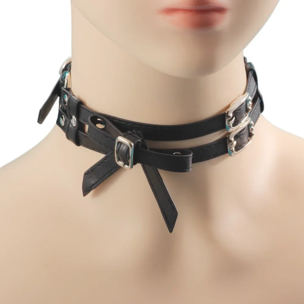 Fashion Individuality Fashionable woman Punk Harajuku Simple Neck collar White Black Double-deck Belt Rivet Bow Necklet Choker