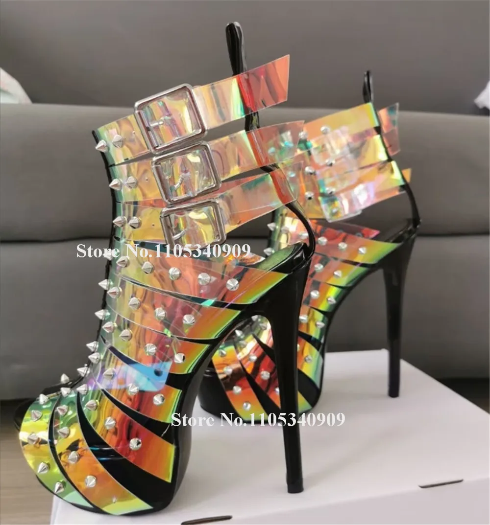 

Bondarenko Sexy Rivets Straps Cross Stiletto Heel Sandals Open Toe PVC Straps Cross High Platform Thin Heel Dance Shoes