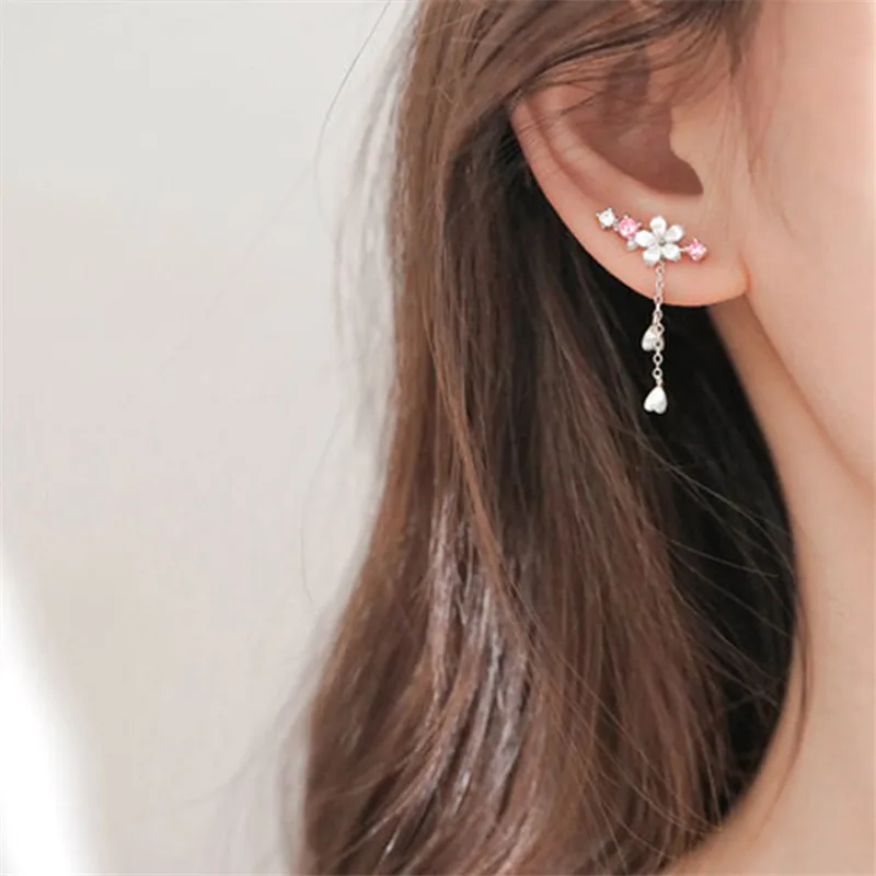 925 Sterling Silver Cherry Blossoms Tassel Charm Piercing Stud Earring For Women Girls Jewelry Pendientes Accessories