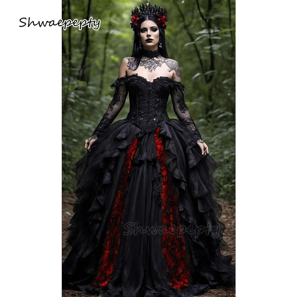 Black And Red Wedding Dresses Off Shoulder Long Sleeves Ruffle Vintage Gothic Wedding Gown Customized Corset Victorian Dress