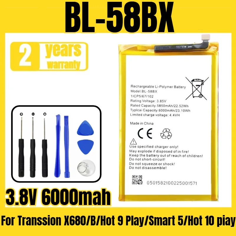 

Applicable to Transsion X680/B/Hot 9 Play/Smart 5/Hot 10 piay/X688C battery BL-58BX mobile phone battery,free tool 3.8V 6000mah